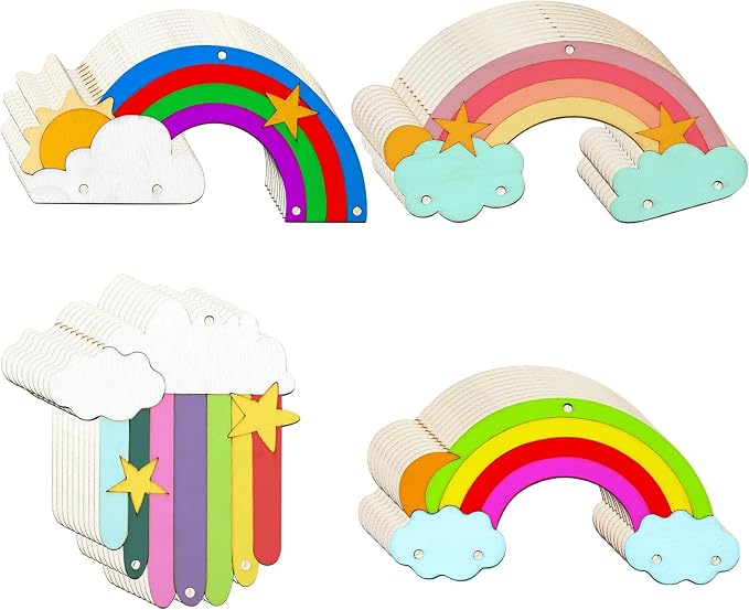 40 Pcs 4 Styles Unfinished Wood Rainbow Cutouts Wooden Rainbow Charms