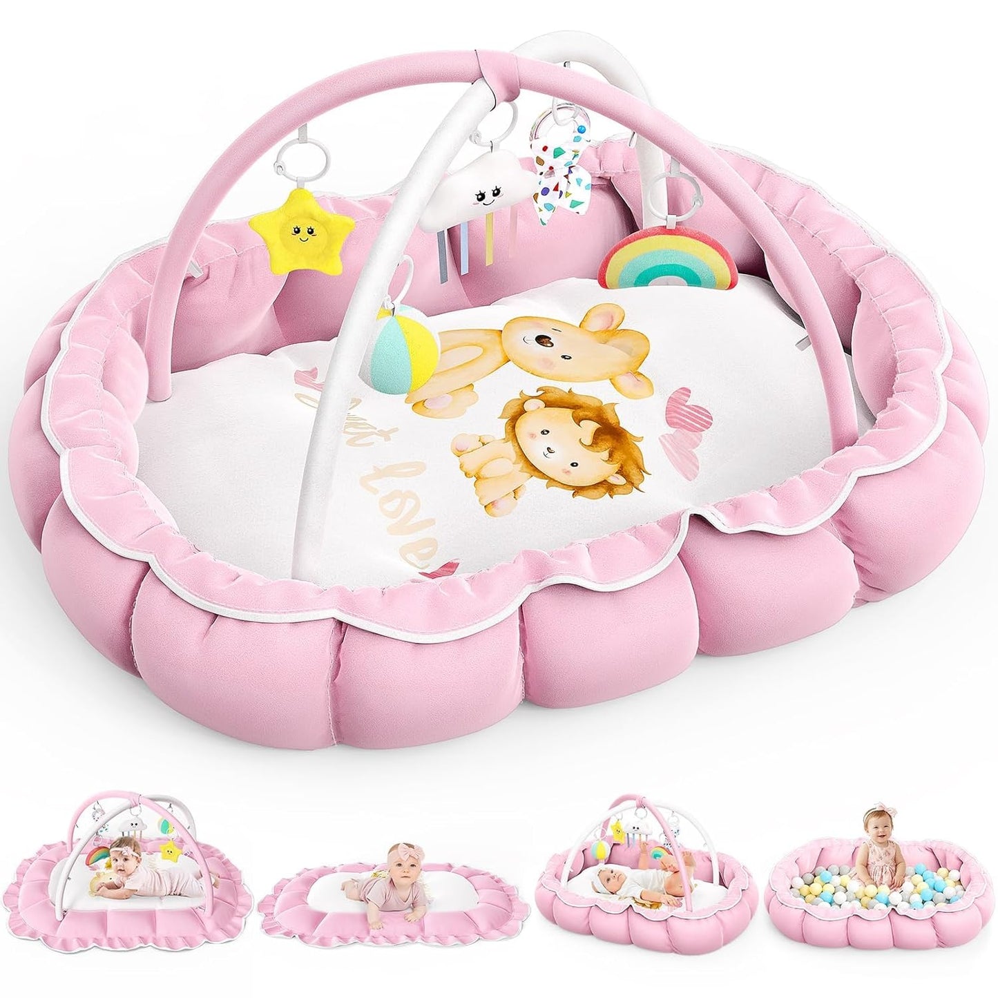 OCATO Baby Play Mat Gym: Baby Gril Gifts Tummy Time Mat Baby Play Gym Thick Large Baby Activity Center from Newborn to Toddler Skills Development Baby Essentials Baby Shower Gifts Ball Pit Cat Dog Bed