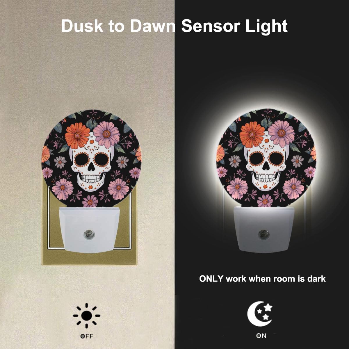 EKOBLA Floral Skull Night Lights Plug into Wall Skeleton with Flowers LED Dusk to Dawn Plug-in Nightlights Auto Sensor for Men Women Boys Girls Home Indoor Bathroom Hallway Kitchen