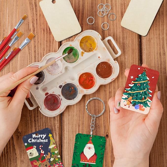 50Pcs Blank Rectangle Wooden Keychain Set, Unfinished Wood Slices