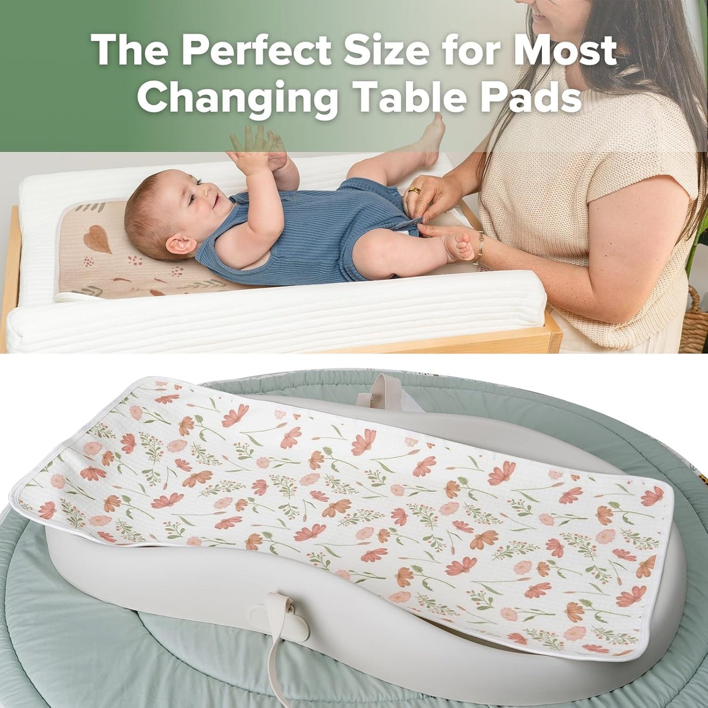 haakaa Waterproof Changing Pad Liners, 100% Cotton, Soft & Breathable (2pcs, 13" x 27.5" Velvet Bloom+Love Leaves)