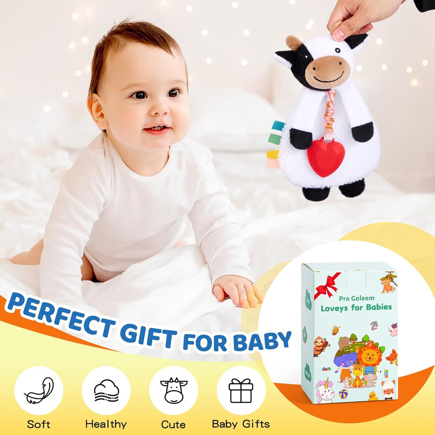 Pro Goleem Cow Loveys for Babies Girl and Boy, Baby Lovey with Teether, Baby Toys 0 3 6 9 12 Months, Safety Teething Toys for Babies Infant Newborn and Toddler Baby Gifts