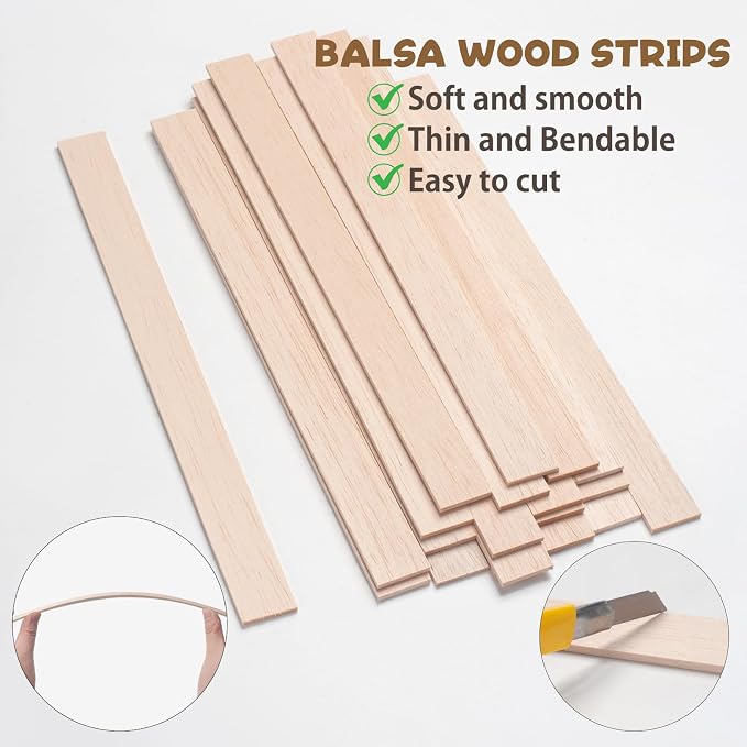 Balsa Wood Sticks, Balsa Wood Strips 1/8" × 1" × 12", Wooden Sticks