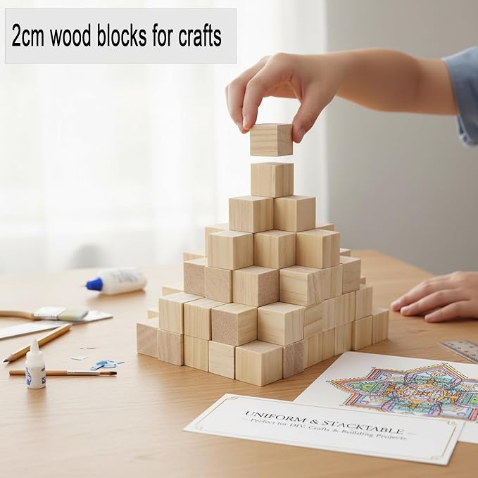 Wood Blocks for Crafts, Unfinished Wood Cubes, 2 cm Natural Wooden Blocks