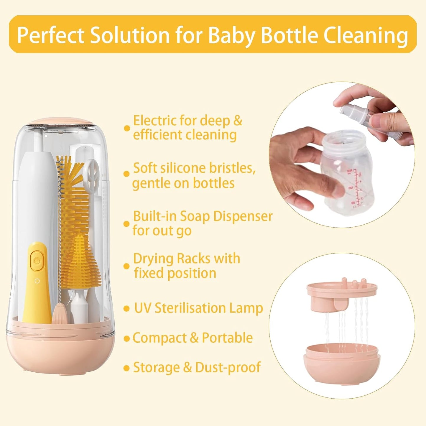 Electric Bottle Brush Cleaner, Baby Bottle Cleaning Set with Nipple Straw Brushes Drying Rack Soap Dispenser Rechargable Waterproof Multi-use E-Brush Kit for Travel & Home, Yellow