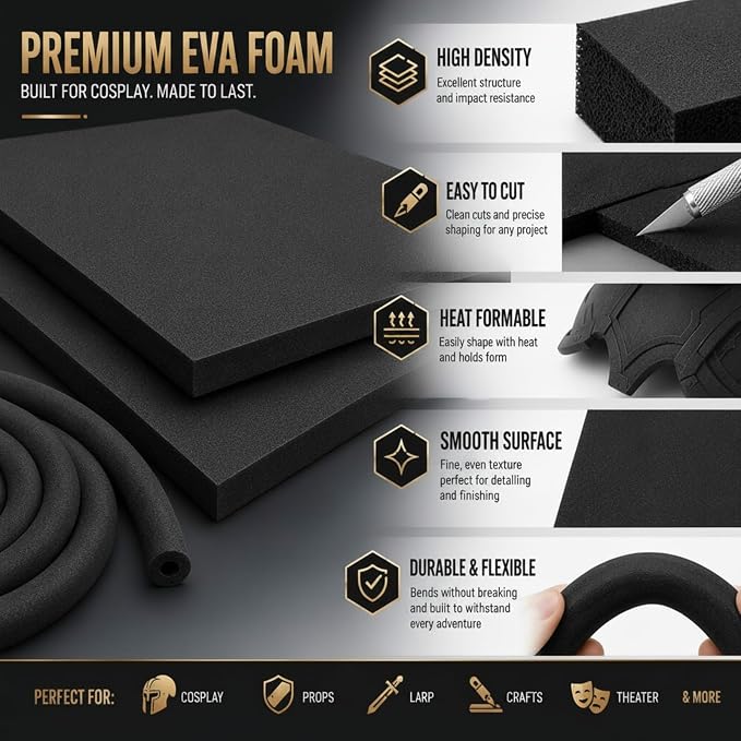 3-Piece EVA Cosplay Foam Kit, Includes 2 Black EVA Foam Sheets and 15mm x 2m