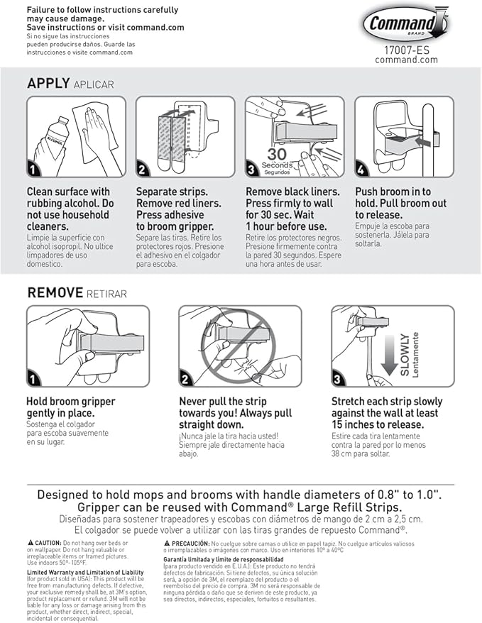 Command Broom Grippers, 3 Hangers and 6 Strips, Damage-Free Mop and Broom