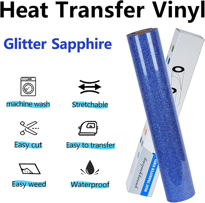 guangyintong Heat Transfer Vinyl Glitter Royal Blue HTV Rolls, Glitter HTV Vinyl
