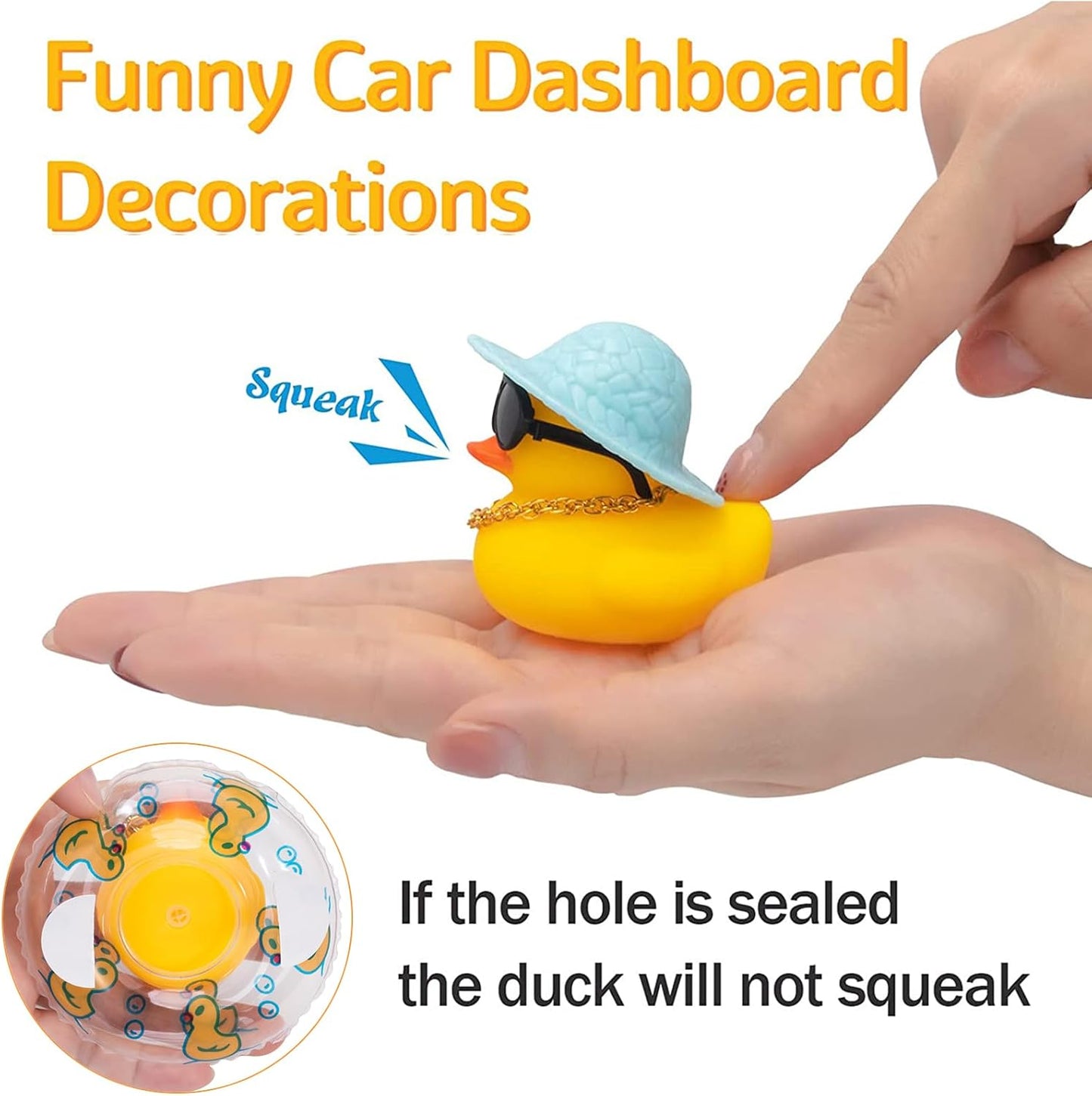 wonuu Car Rubber Duck, Yellow Duck Decoration Dashboard with Sun Hat Swim Ring Necklace Sunglasses for Car Dashboard Decorations, Black Top Hat-Transparent