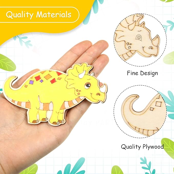 Jetec 64 Pieces Dinosaur Unfinished Wood Cutouts Animal Wooden Paint Crafts