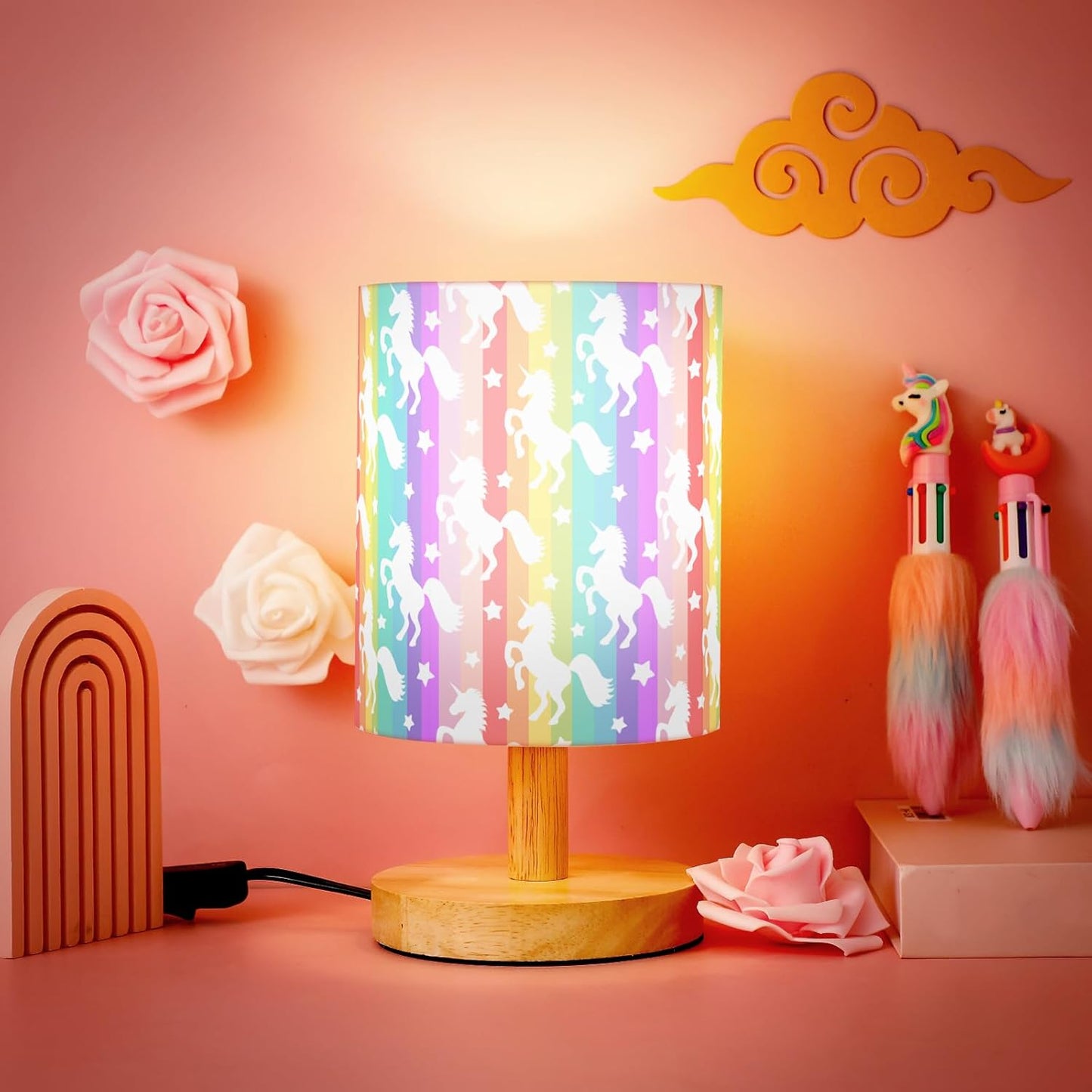 VIHOSE Unicorn Kids Table Lamp for Bedroom Kids Bedside Lamp with Linen Wooden Nightstand Cartoon Nursery Lampshade for Girls Boys Living Room