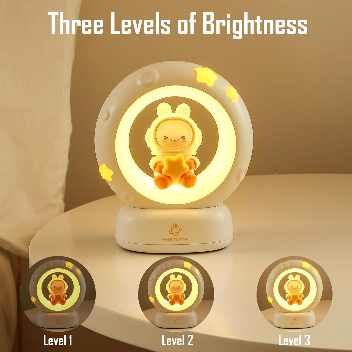 Moon and Bunny Rechargeable Night Light, Safe PVC and ABS Material, 3 Brightness Levels, Tap Control, Warm Light, Toddler Sleeping Lamp, Bedroom Night Lamp, Gift for Baby and Kid (Moon and Bunny)