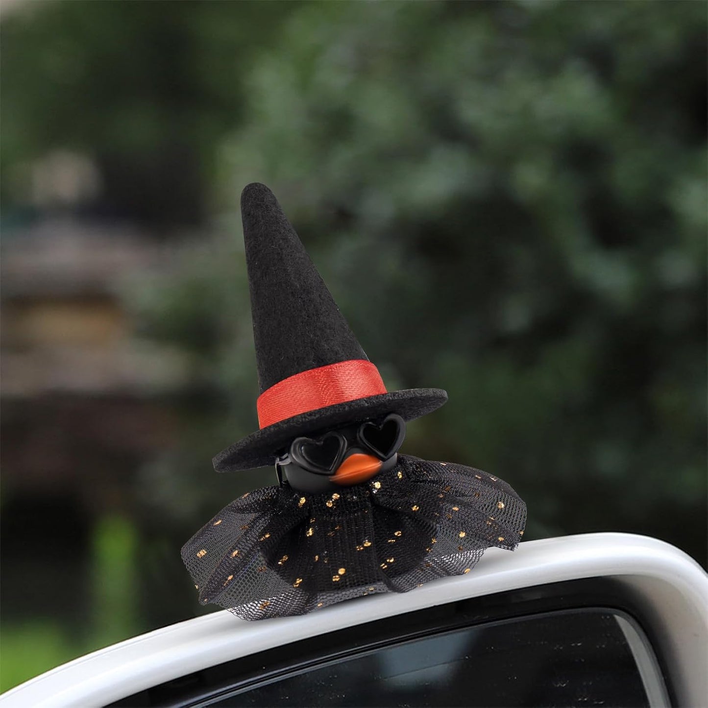 wonuu Car Dashboard Witch Black Rubber Ducks for Halloween, Decorations Duck for Office Desk Ornament Accessories with Hat Glasses Skirt, Red