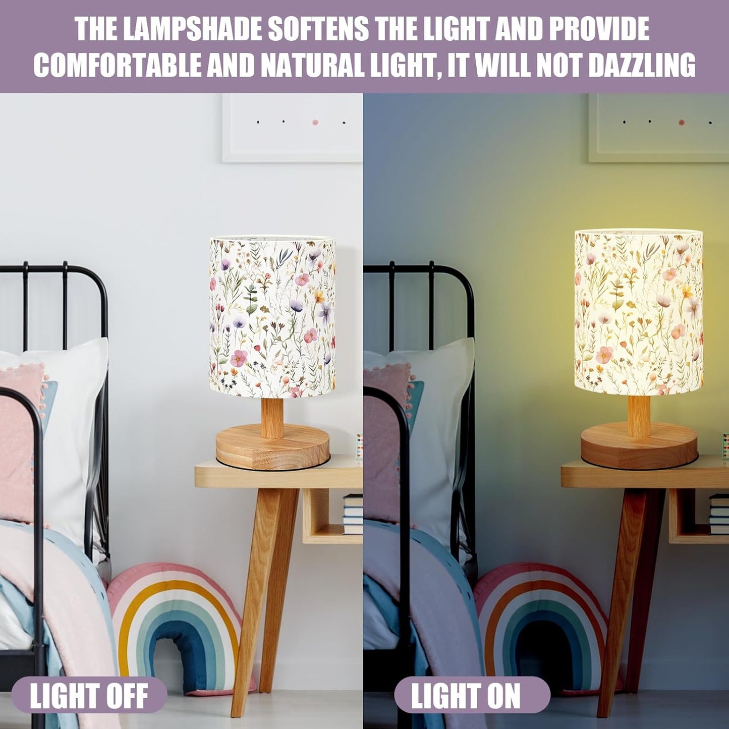 VIHOSE Wildflower Kids Table Lamp for Bedroom Kids Bedside Lamp with Linen Wooden Nightstand Cartoon Nursery Lampshade for Girls Boys Living Room
