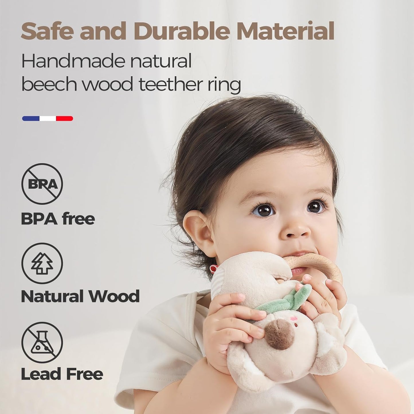 Evoceler 2 PCS Koala Rattles & Shaker Toys with Embroidered Details, Wooden Teething Ring Baby Toys, BPA-Free Sensory Toys for 0-3-6-12 Months, Squeaky Infant Toy, Ideal Baby Shower Boy Girl Gift