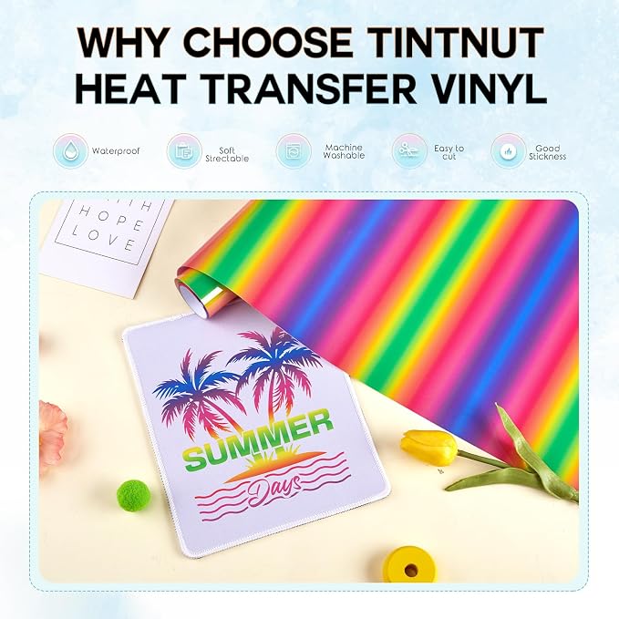 Tintnut Rainbow Gradient Heat Transfer Vinyl Roll, stretch washable, compatible