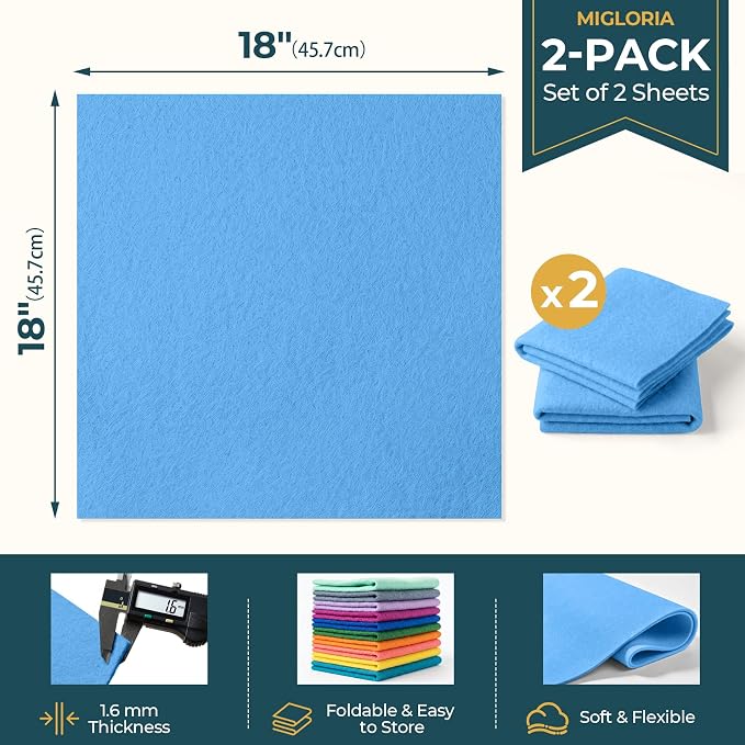 Felt Fabric Sheet 18 x 18 Inch, 1.6mm Thick | Soft and Flexible Nonwoven
