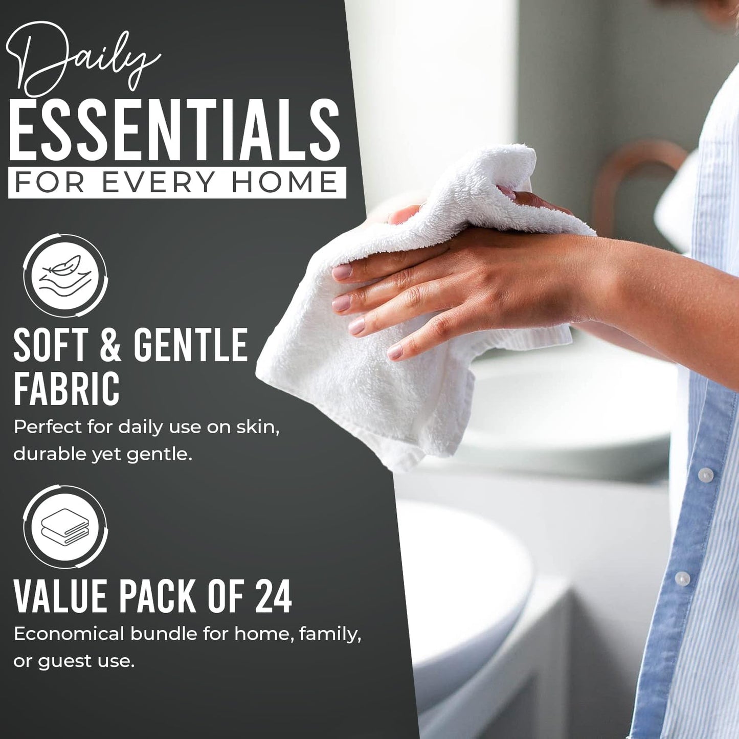 DAN RIVER 100% Cotton Wash Cloths 24 Pack [12x12] Soft & Absorbent face wash Cloth, Gym, Hotels & Spa Perfect for Everyday Use Fingertip Towels, Gray