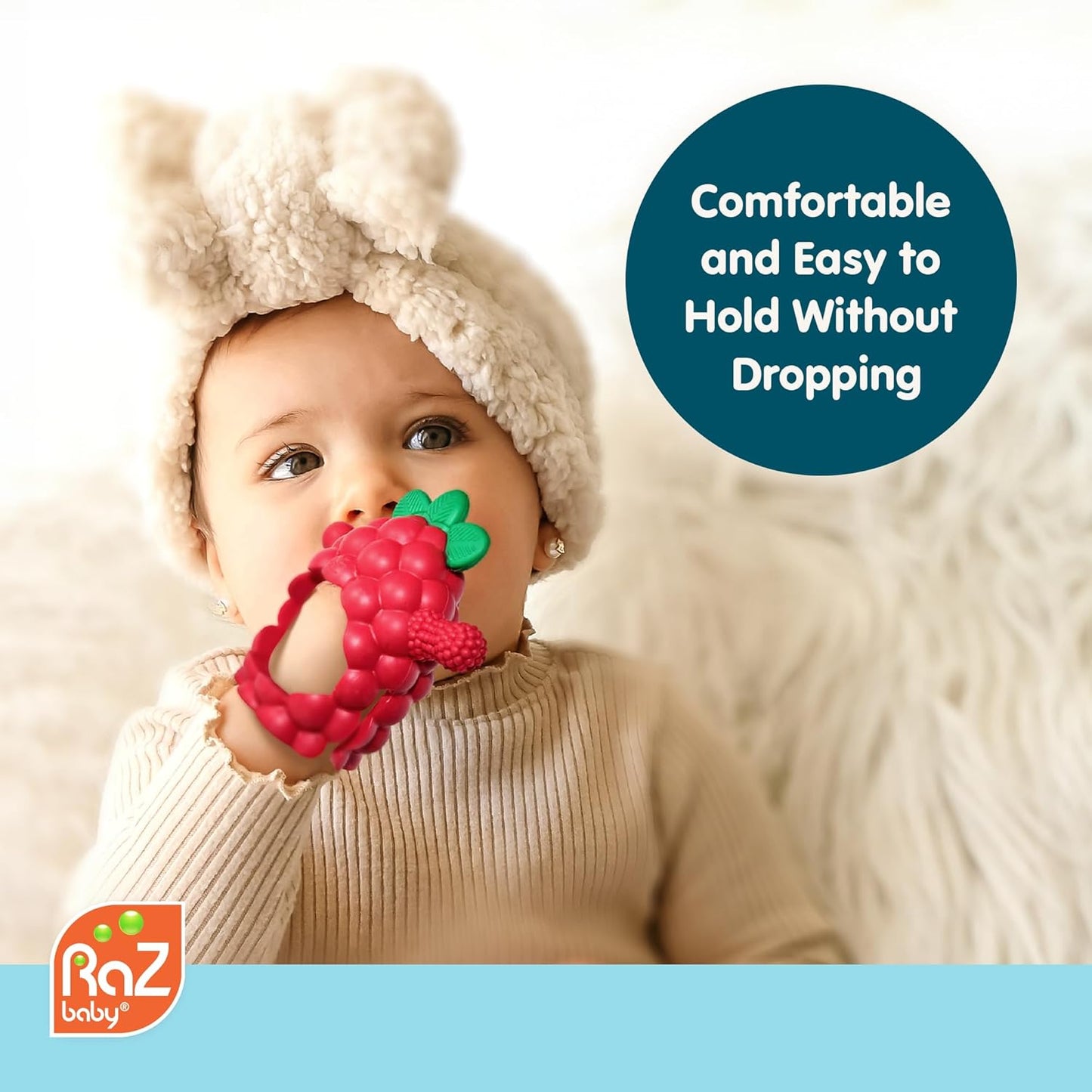 RaZbaby RaZberry Grip Silicone Teether Toy for 3M+ | Drop Resistant Hand Held Teether for Babies and Infants - Designed by Nature with Our Patented BerryBumps Multitextured Design | 3M+, Blue