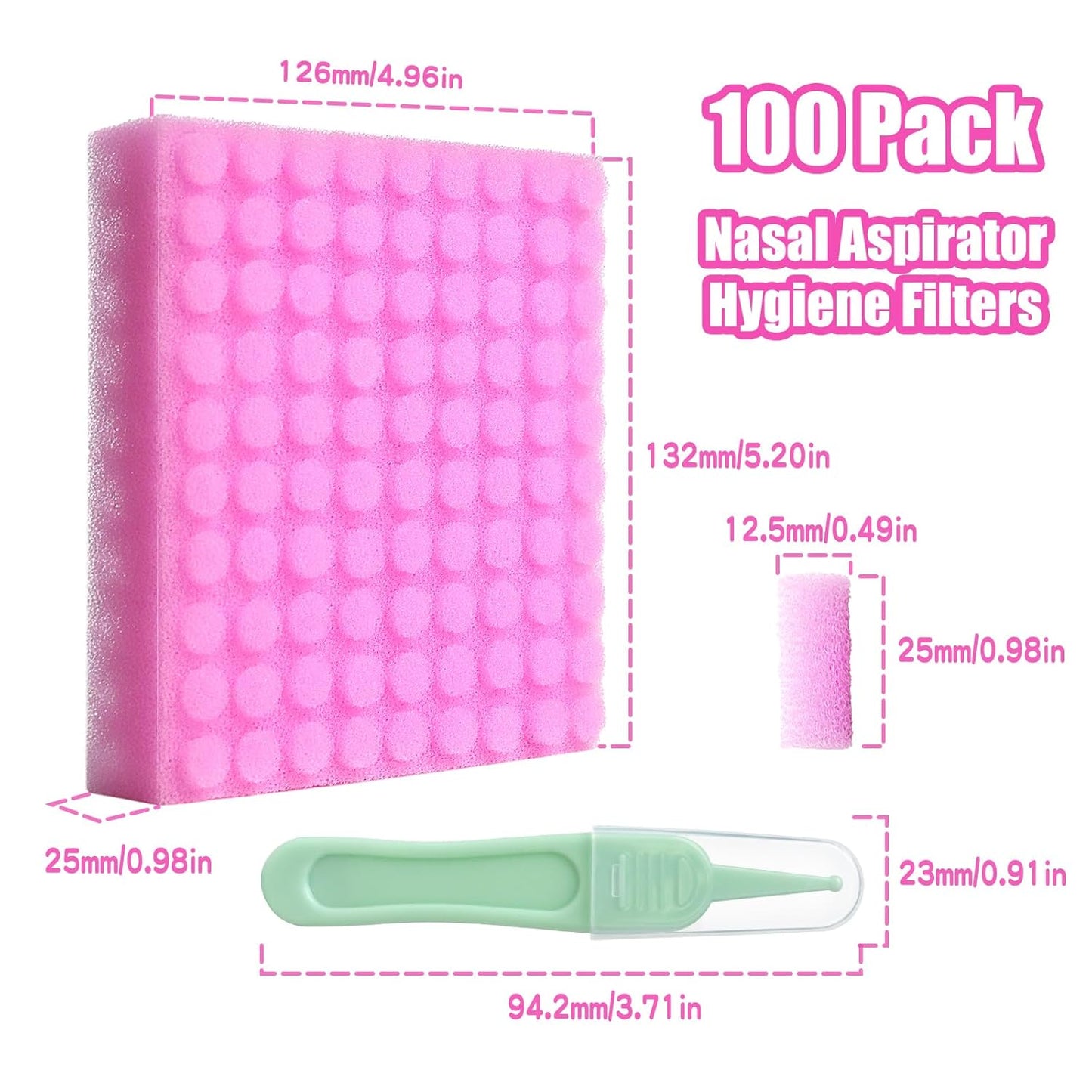 Replacement for Nosefrida Nasal Aspirator Filters, 100-Pack of Premium Nasal Aspirator Hygiene Sponges, with Nose Cleaning Tweezers (Red,100 Count)