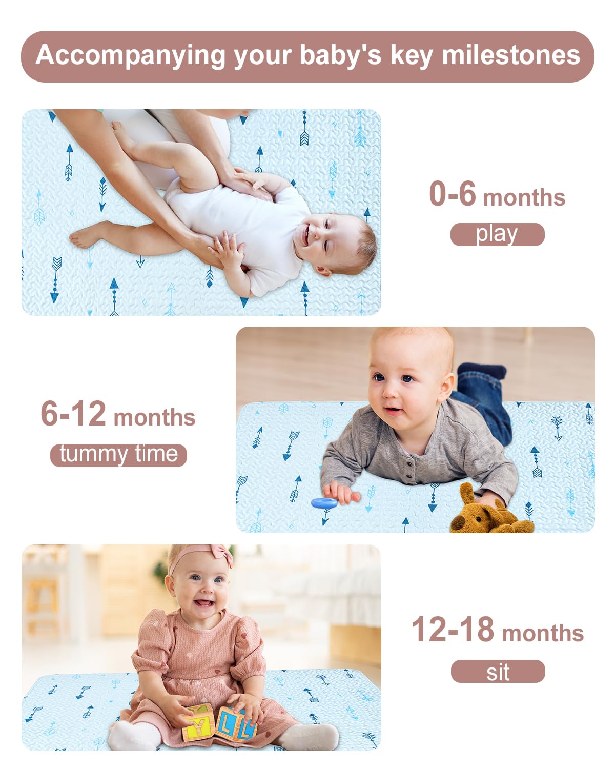 Baby Floor Play Mat Foldable Crawling Mat, 50x50 Play Mat for Playpen, Washable Non Slip One-Piece Playmats Portable, Cushioned Baby Tummy Time Mats for Infants and Toddlers (Arrow)