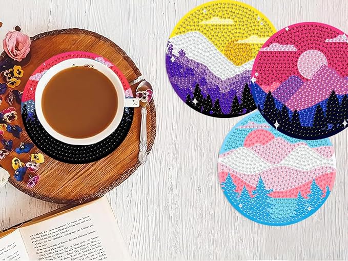 8 PCS Diamond Art Coasters Kits Moutain Sunset Diamond Painting Coaster |