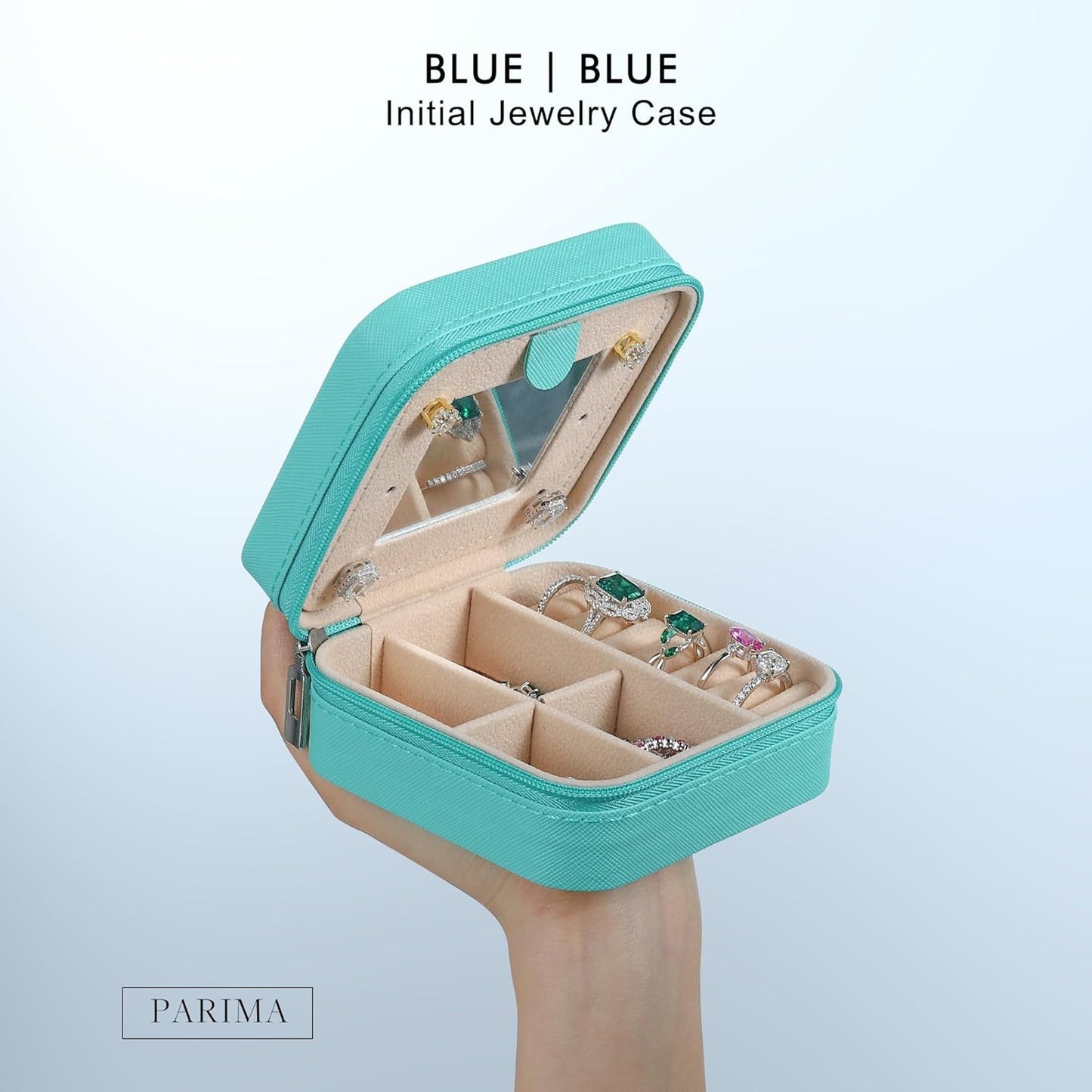 Parima Small Jewelry Box for Girls, Travel Must Have Jewelry Organizer Travel Case | Travel Gifts for Women Girls Jewelry Box | Graduation Gifts for Friends Female - Letter E, Aqua Blue
