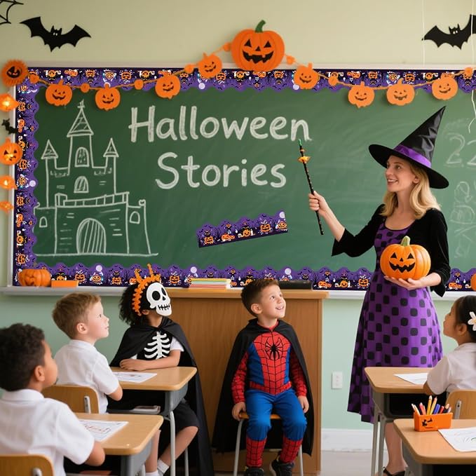 69Ft Halloween Bulletin Board Border Bat Ghost Pumpkin Cat Cobweb Funny