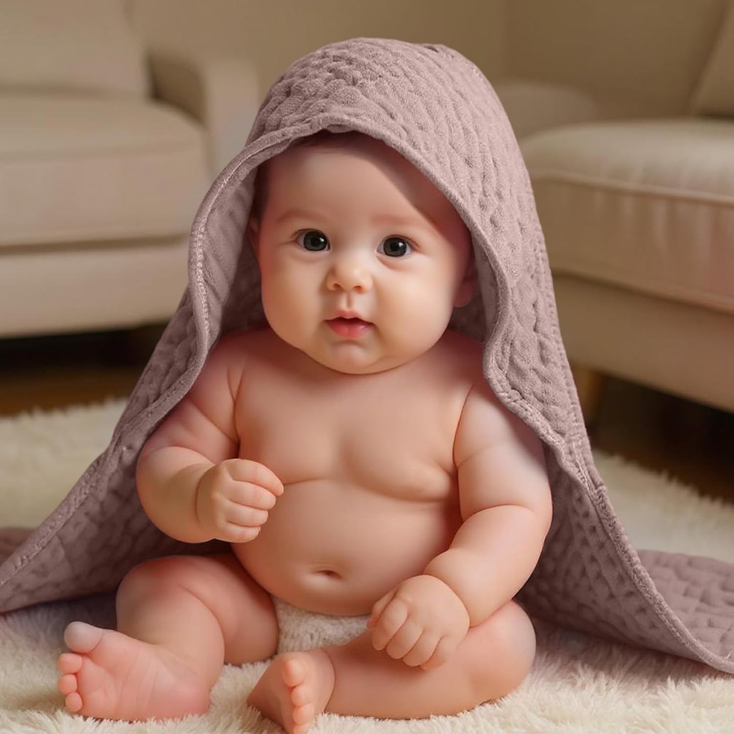 Peryiter 6 Pcs Muslin Hooded Baby Towels, 32"x 32" Cotton Newborn Bath Towel Muslin Infant Baby Blankets Absorbent Unisex Newborn Registry Gift Essentials for Girls Boys(Brown and Pink Series)