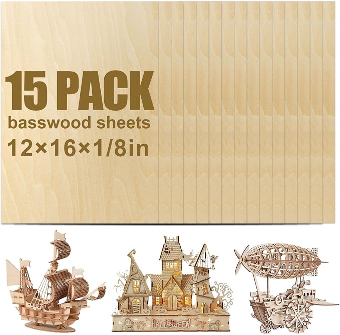 15 Pack Basswood Sheets 12x16x1/8 Inch, Balsa Wood Sheet, 3mm Plywood
