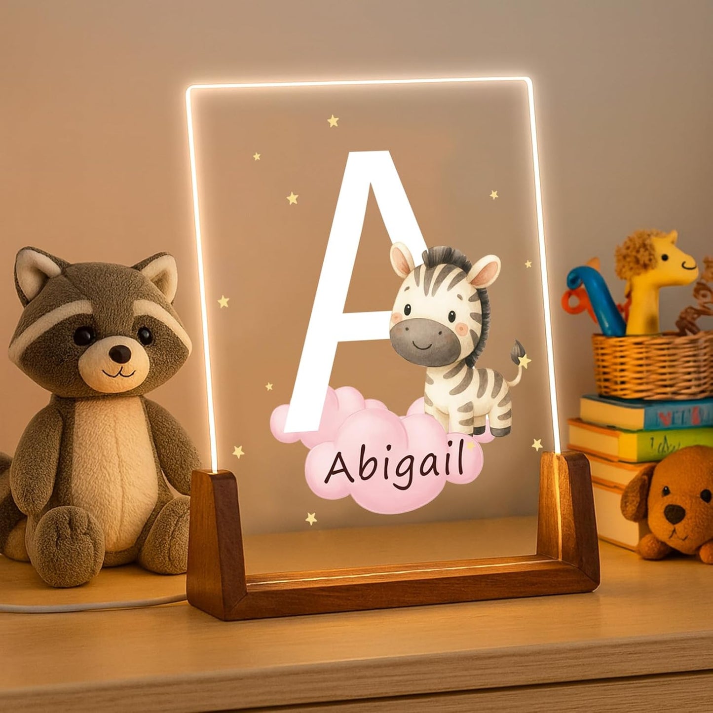 Custom Baby Gift Night Light for Baby Boys Girls Nursery Decor, Personalized Initial Name LED Night Light with Wooden Base, LED Color-Changing Lamp for Toddlers Kids 3