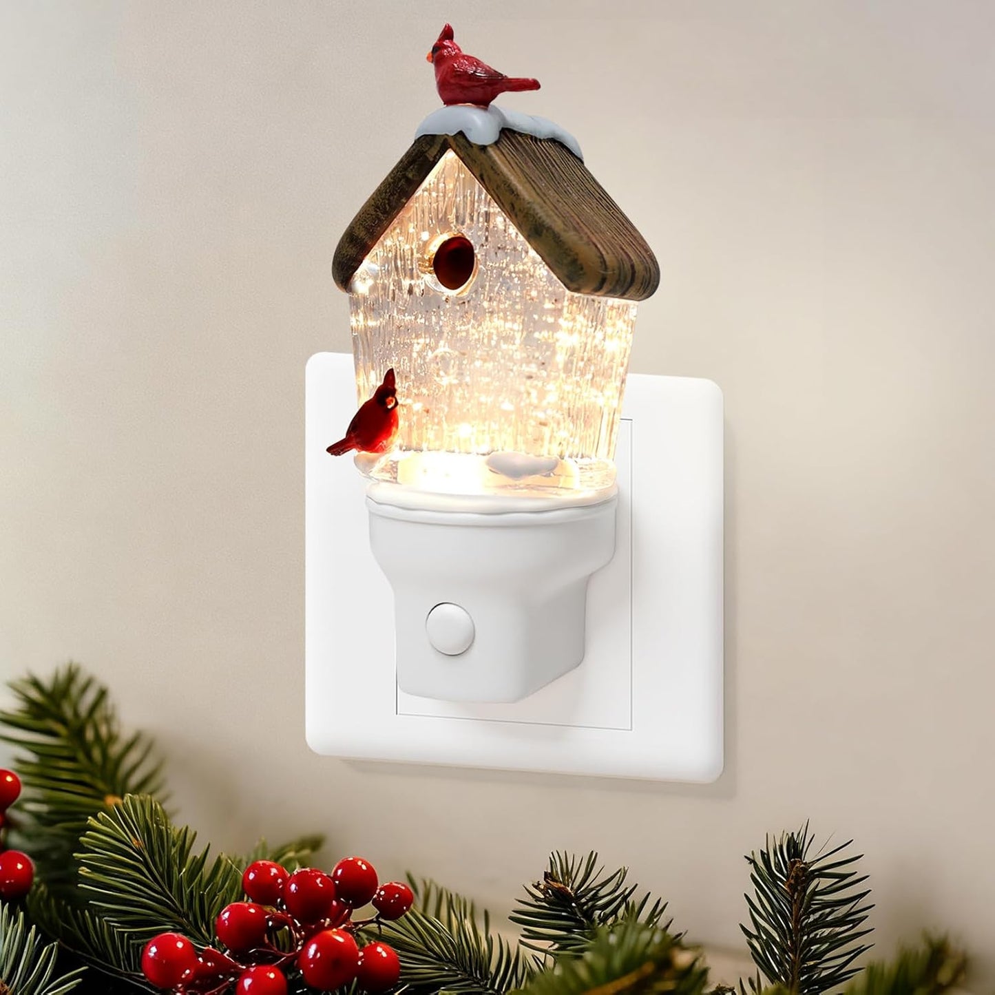 Christmas Birdhouse Night Light Plug into Wall Glitter Water Nightlight with USB/Outlet Options, Christmas Decorative Nightlight for Bedroom Kitchen Nursery Holiday Decorations Gifts (Birdhouse)
