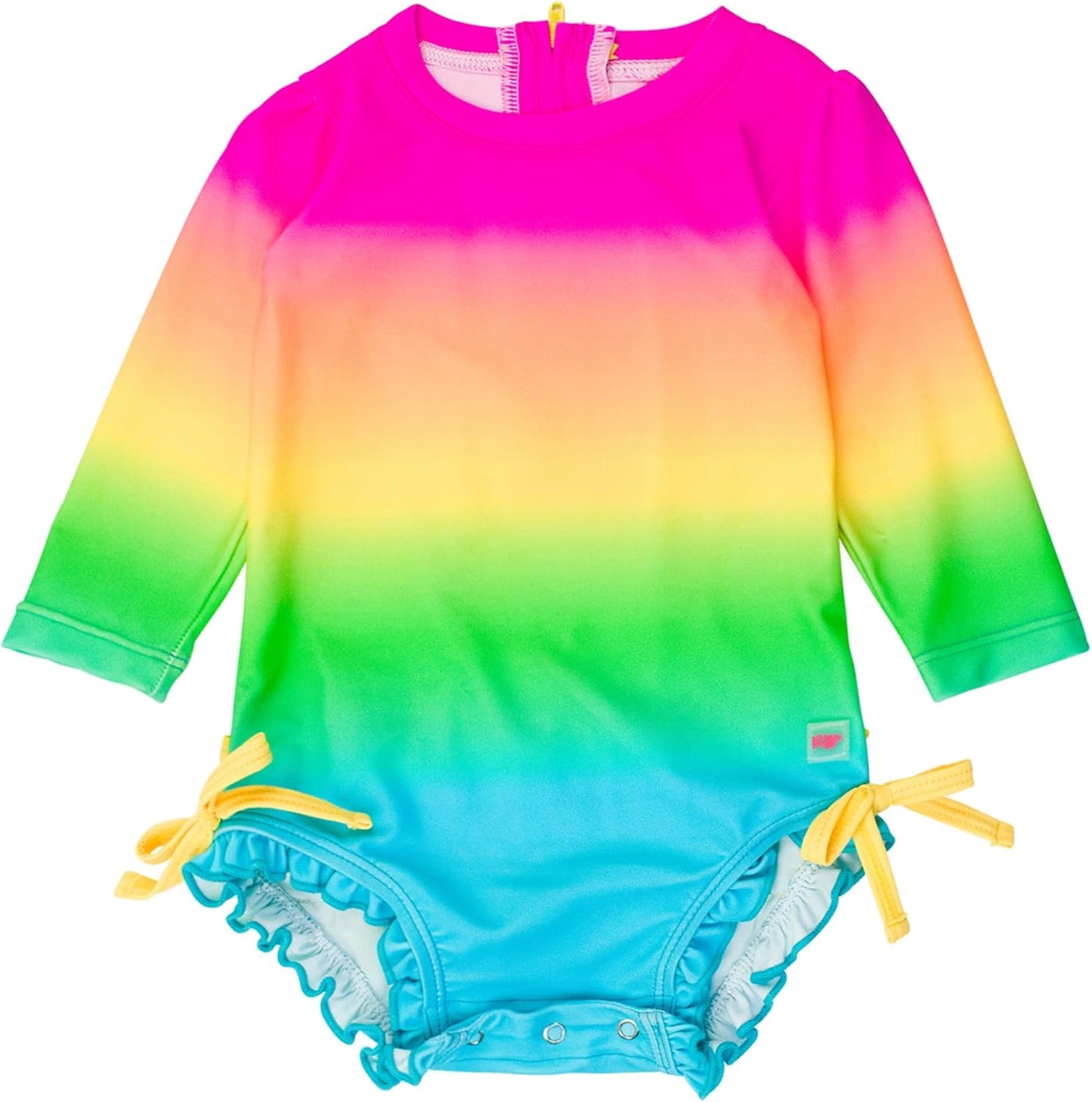 RuffleButts Baby Girls UPF 50+ Sun Protection Novelty Print Long Sleeve One Piece Rash Guard Swimsuit with Zipper