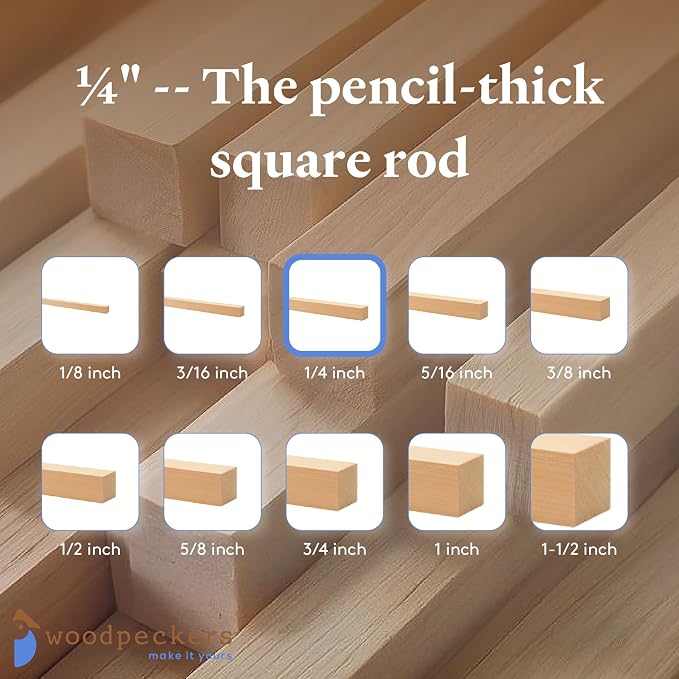 DIY Wooden Square Dowel Rod 1/4-inch x 18 Pack of 25 Hobby Wood Sticks