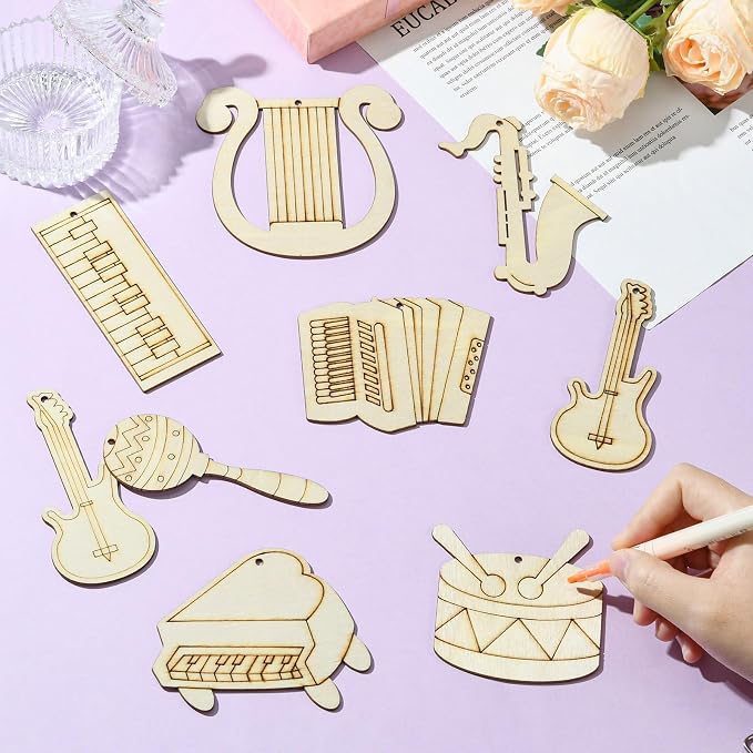 30 pcs Mixed Styles Musical Instrument Theme Unfinished Wooden Cutout Charms