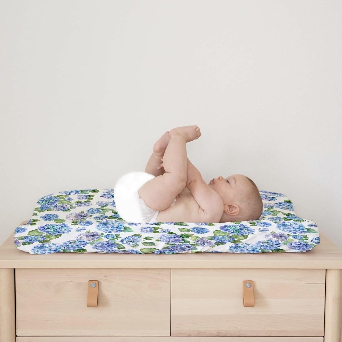 Blue Hydrangea Floral Changing Pad Covers Watercolor Flowers Painting Baby Changing Table Sheets for Boys Girls Wild Floral Soft Breathable Stretchy Fitted Diaper Change Table Pad Mats 32''x16''