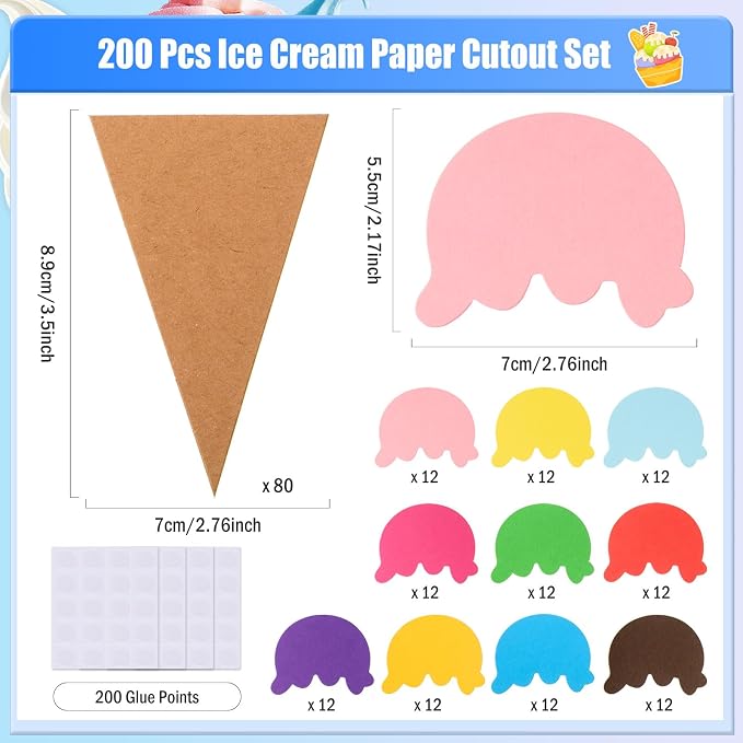MixTeach 200 Pcs Paper Ice Cream Cone Cutouts Summer Bulletin Board Decorations