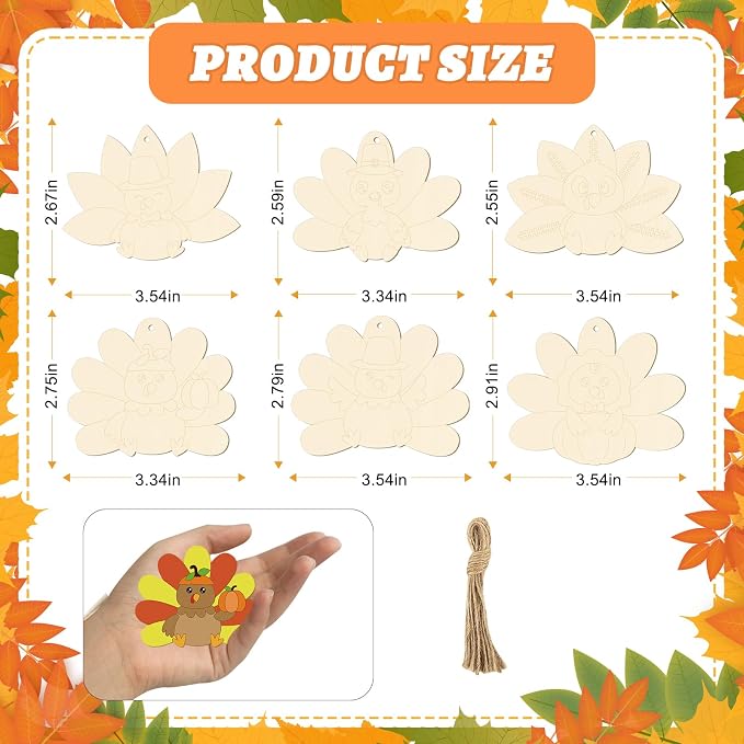 24 PCS Unfinished Wooden Thanksgiving Crafts, Turkey Shaped Hanging Ornaments