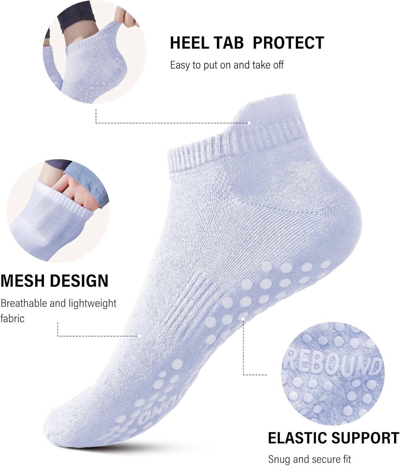 DIBAOLONG Pilates Socks with Grips for Women Yoga Socks Non Slip Barre Hospital Socks 6-Pairs Grippy Ankle Socks