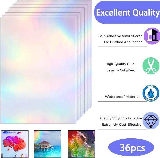 Clabby 36 Sheets Holographic Sticker Paper A4 Vinyl Holographic Laminate Sheets