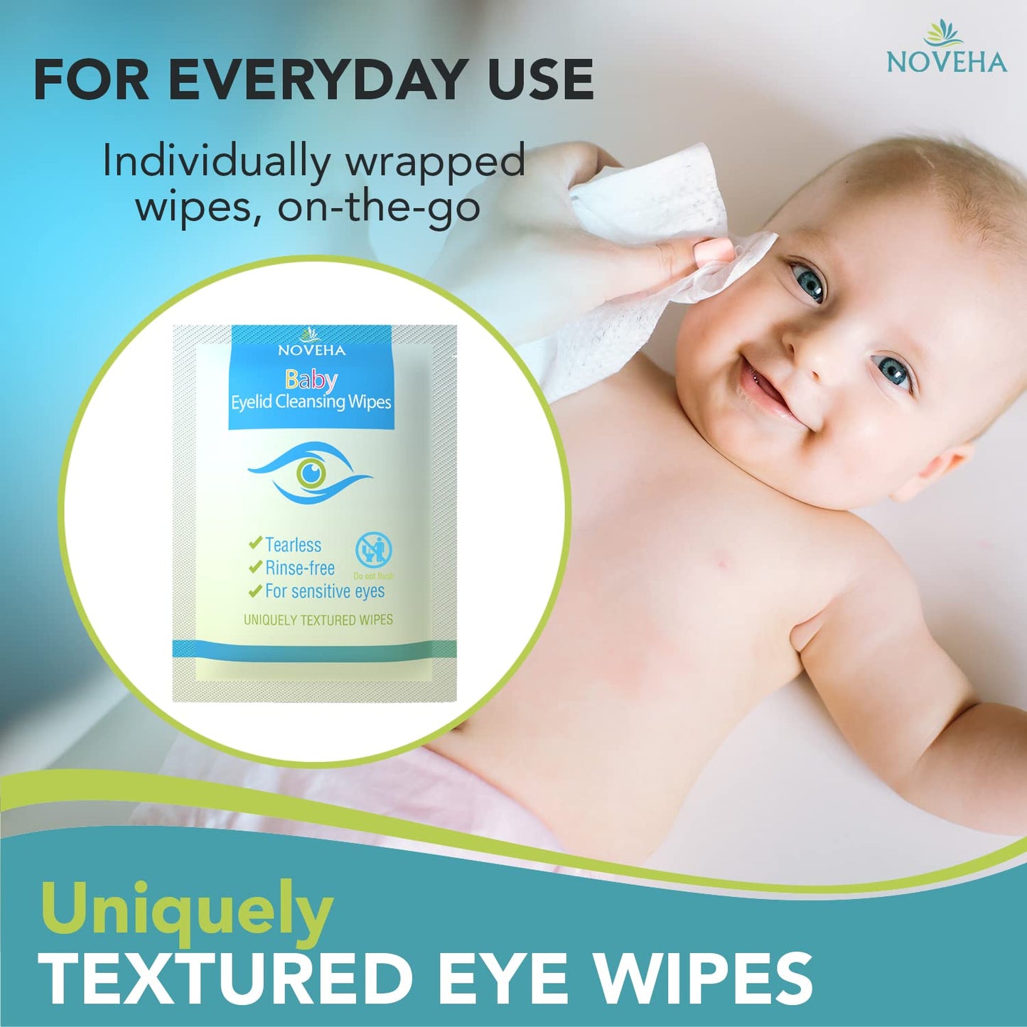 NOVEHA 60PCs Baby Eye Wipes | Safe & Natural Eyelid & Lash Wipes | Non Irritating, Tear Free, Hypoallergenic & Preservative free | Organic Baby Wipes for Sensitive Skin | Soothing and Moisturizing