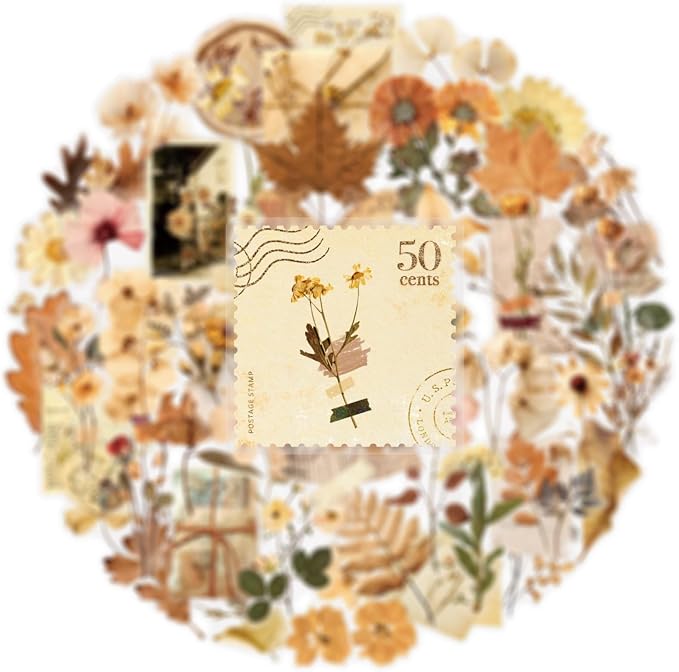50 Pcs Dried Flower Stickers Aesthetic Autumn PET Transparent Stickers Vintage