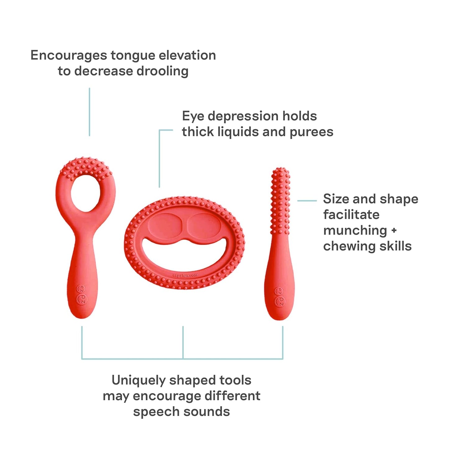 ezpz Oral Development Tools (3 Pack in Coral) - 3 Months+ - Non-Slip Loop, Smile and Stick 100% Silicone Tools - Prepare for Chewing + Solids - Baby-Led Weaning Supplies