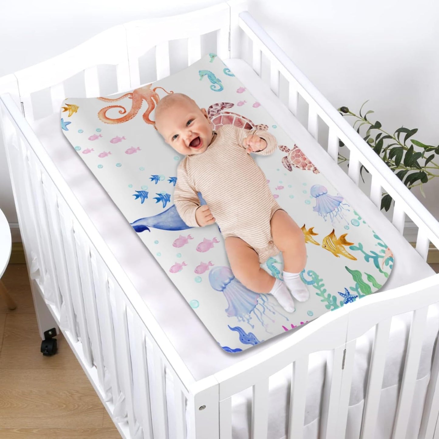 Sea Animals Baby Changing Pad Covers Ocean Animals Corals Sea Weeds Baby Nursery Diaper Changing Pad Sheets for Boys Girls Marine Soft Breathable Stretch Fitted Changing Mat Cover 32''x16''