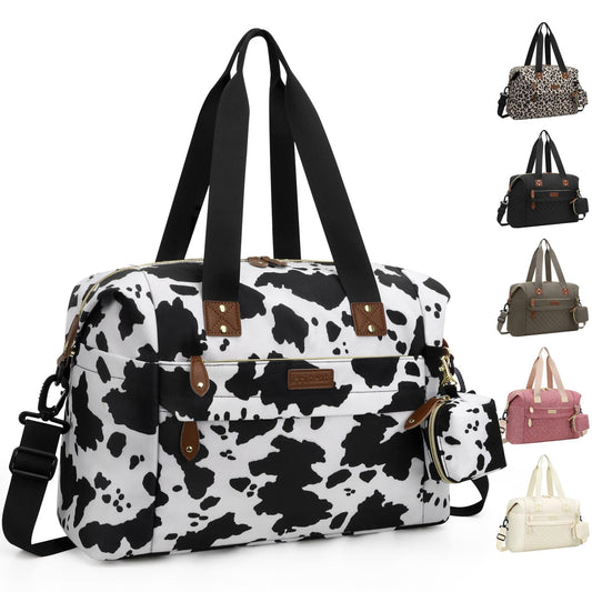 Diaper Tote - Baby Bag with Pacifier Case, Shoulder Straps, Stroller Clips, Waterproof Large Mommy Maternity Travel Bag for Mom and Dad, Cow Print