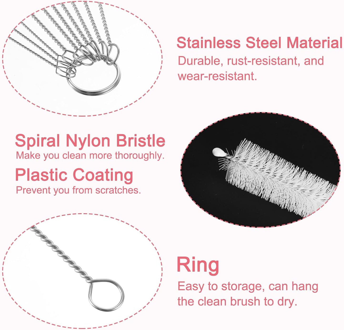 uxcell Straw Cleaner Brush Set, 8.3 Inch Nylon Tube Pipe Cleaners, Set of 10 Stainless Steel Long Straw Brush for Drinking Straw, Bottle, Tube, Cup, White