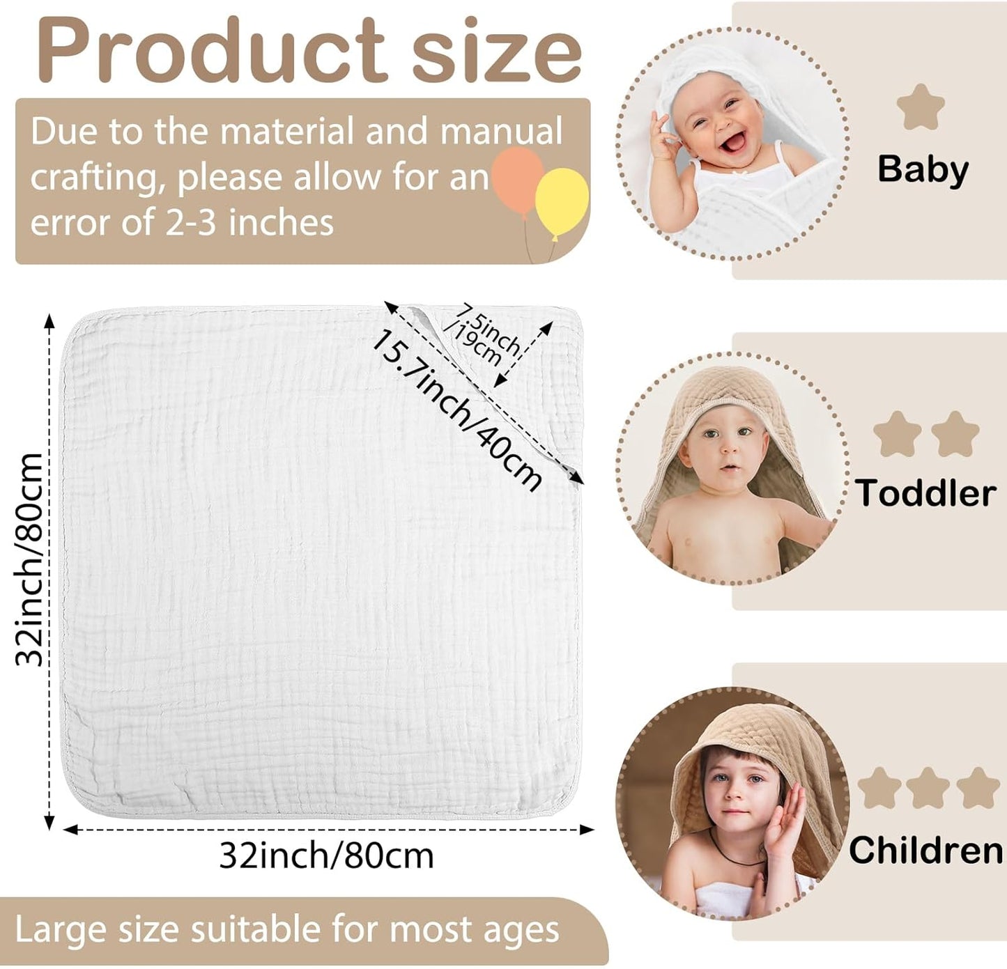 VitalCozy 6 Pcs Baby Muslin Hooded Bath Towels and Washcloths, 32 x 32 Inch Cotton Absorbent Blankets for Newborn Infant Shower Gift (White, Beige)