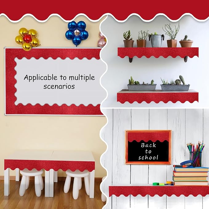 70Ft Shine Red Bulletin Board Border，Scalloped Poster Boards Decorations Trim