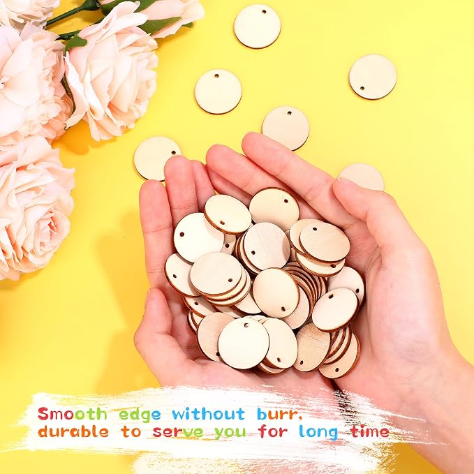 200 Pieces Unfinished Blank Wood Circle Pendants Round Disc Circle Wood Pieces