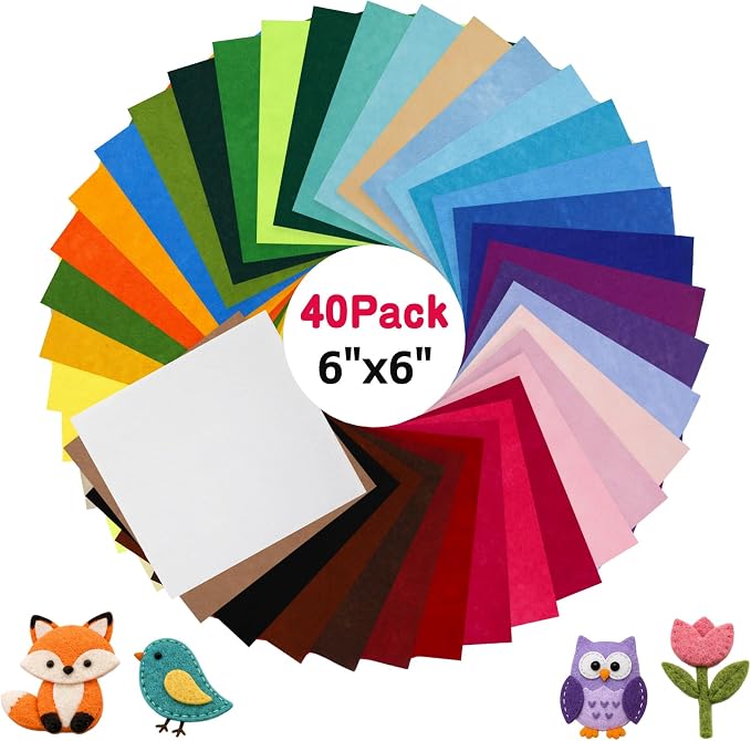 40 Pack Thin Felt Fabric Sheets 6" x 6" Assorted Colors Squares Felt Fabric